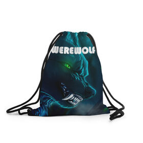 Рюкзак-мешок 3D с принтом WAREWOLF в Ухте, 100% полиэстер | плотность ткани — 200 г/м2, размер — 35 х 45 см; лямки — толстые шнурки, застежка на шнуровке, без карманов и подкладки | глаза волка | зеленые глаза | злой зверь | неоновые глаза | оборотень | оскал волка | оскал оборотня