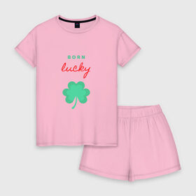 Женская пижама с шортиками хлопок Born Lucky: в Ухте, 100% хлопок | футболка прямого кроя, шорты свободные с широкой мягкой резинкой | клевер | лепесток | рождение | удача | фортуна