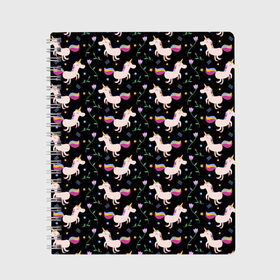Тетрадь с принтом Unicorns pattern в Ухте, 100% бумага | 48 листов, плотность листов — 60 г/м2, плотность картонной обложки — 250 г/м2. Листы скреплены сбоку удобной пружинной спиралью. Уголки страниц и обложки скругленные. Цвет линий — светло-серый
 | Тематика изображения на принте: flower | hoofs | horn | leaf | mane | pattern | star | unicorn | грива | единорог | звезда | копыта | лист | рог | узор | цветок