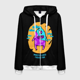Мужская толстовка 3D на молнии с принтом Друг монстр в Ухте, 100% полиэстер | длина до линии бедра, манжеты и пояс оформлены мягкой тканевой резинкой, двухслойный капюшон со шнурком для регулировки, спереди молния, по бокам два кармана | 