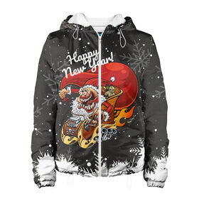 Женская куртка 3D с принтом Сумасшедший Санта в Ухте, ткань верха — 100% полиэстер, подклад — флис | прямой крой, подол и капюшон оформлены резинкой с фиксаторами, два кармана без застежек по бокам, один большой потайной карман на груди. Карман на груди застегивается на липучку | 