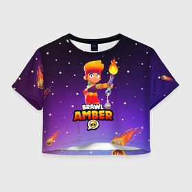 Женская футболка Crop-top 3D с принтом BRAWL STARS AMBER. в Ухте, 100% полиэстер | круглая горловина, длина футболки до линии талии, рукава с отворотами | 8 bit | amber | brawl stars | colette | crow | gale | leon | max | mecha | mecha crow | mr.p | sally leon | shark | tara | virus 8 bit | werewolf leon | акула | амбер | берли | бравл старс | ворон | коллет | макс | оборотень