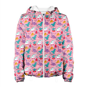 Женская куртка 3D с принтом Новый год у динозавров в Ухте, ткань верха — 100% полиэстер, подклад — флис | прямой крой, подол и капюшон оформлены резинкой с фиксаторами, два кармана без застежек по бокам, один большой потайной карман на груди. Карман на груди застегивается на липучку | 