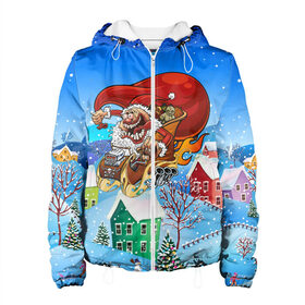 Женская куртка 3D с принтом Сумасшедший Санта в Ухте, ткань верха — 100% полиэстер, подклад — флис | прямой крой, подол и капюшон оформлены резинкой с фиксаторами, два кармана без застежек по бокам, один большой потайной карман на груди. Карман на груди застегивается на липучку | 