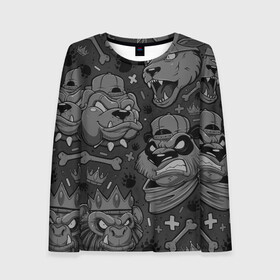 Женский лонгслив 3D с принтом CRAZY ANIMALS в Ухте, 100% полиэстер | длинные рукава, круглый вырез горловины, полуприлегающий силуэт | бульдог | головы животных | медведь | мультяшные животные | обезьяна | панда | собака