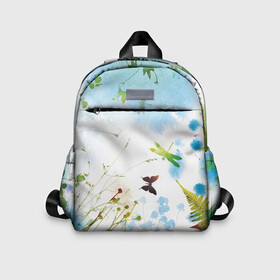 Детский рюкзак 3D с принтом Summer  акварель в Ухте, 100% полиэстер | лямки с регулируемой длиной, сверху петелька, чтобы рюкзак можно было повесить на вешалку. Основное отделение закрывается на молнию, как и внешний карман. Внутри дополнительный карман. По бокам два дополнительных кармашка | Тематика изображения на принте: акварель | бабочки | лето | небо
