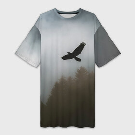 Платье-футболка 3D с принтом Орёл над лесом в Ухте,  |  | bird | dark | fog | forest | heaven | jh k | ktc | sky | texture | деревья | животные | лес | небо | орел | природа | птица | птицы | текстуры | тёмный лес | туман