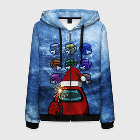 Мужская толстовка 3D на молнии с принтом Among us Happy New Year в Ухте, 100% полиэстер | длина до линии бедра, манжеты и пояс оформлены мягкой тканевой резинкой, двухслойный капюшон со шнурком для регулировки, спереди молния, по бокам два кармана | impostor | зимний фон | инди игра | космонавт