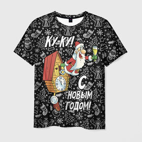 Мужская футболка 3D с принтом Ку-ку! С Новым годом! в Ухте, 100% полиэфир | прямой крой, круглый вырез горловины, длина до линии бедер | 