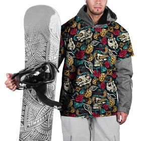 Накидка на куртку 3D с принтом Hardcore tattoo в Ухте, 100% полиэстер |  | Тематика изображения на принте: colorful | skull | snake | tattoo | vintage | винтаж | змеи | игральные | кости | скелет | тату | цветной | цветы | черепа