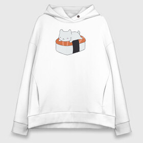 Женское худи Oversize хлопок с принтом Суши в Ухте, френч-терри — 70% хлопок, 30% полиэстер. Мягкий теплый начес внутри —100% хлопок | боковые карманы, эластичные манжеты и нижняя кромка, капюшон на магнитной кнопке | вкусняшка | котейка | любовь | милый