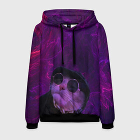 Мужская толстовка 3D с принтом Кот на диско в Ухте, 100% полиэстер | двухслойный капюшон со шнурком для регулировки, мягкие манжеты на рукавах и по низу толстовки, спереди карман-кенгуру с мягким внутренним слоем. | cat | дискотека | кот | кот в очках | неон | панамка