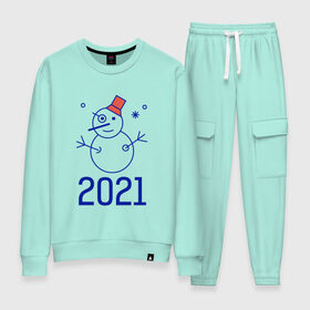 Женский костюм хлопок с принтом Прикольный снеговик в Ухте, 100% хлопок | на свитшоте круглая горловина, мягкая резинка по низу. Брюки заужены к низу, на них два вида карманов: два 