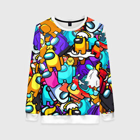 Женский свитшот 3D с принтом AMONG US в Ухте, 100% полиэстер с мягким внутренним слоем | круглый вырез горловины, мягкая резинка на манжетах и поясе, свободная посадка по фигуре | among us игра | among us на пк | there is 1 impostor | there is impostor among us | предатель среди нас | разноцветные космонавты.