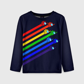 Детский лонгслив 3D с принтом Among Us в Ухте, 100% полиэстер | длинные рукава, круглый вырез горловины, полуприлегающий силуэт
 | 2021 | among us | impostor | space mafia | sus.puffballs united | амонг ас | глитч | е | игра | импостор | инопланетянunicorn | инопланетяне | инопланетянин | маска | надпись | новогодний амонг ас | с новым годом | самозванец