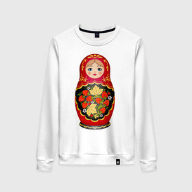 Женский свитшот хлопок с принтом Матрешка Снегурка Хохлома в Ухте, 100% хлопок | прямой крой, круглый вырез, на манжетах и по низу широкая трикотажная резинка  | 