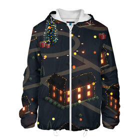 Мужская куртка 3D с принтом Новогоднее освещение в Ухте, ткань верха — 100% полиэстер, подклад — флис | прямой крой, подол и капюшон оформлены резинкой с фиксаторами, два кармана без застежек по бокам, один большой потайной карман на груди. Карман на груди застегивается на липучку | Тематика изображения на принте: 