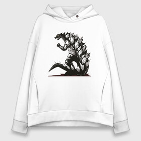Женское худи Oversize хлопок с принтом Годзилла в Ухте, френч-терри — 70% хлопок, 30% полиэстер. Мягкий теплый начес внутри —100% хлопок | боковые карманы, эластичные манжеты и нижняя кромка, капюшон на магнитной кнопке | godzilla | гадзила | годзила | годзилла | динозавр | динозавры | дракон | драконы | фильм | фильмы | япония | японское