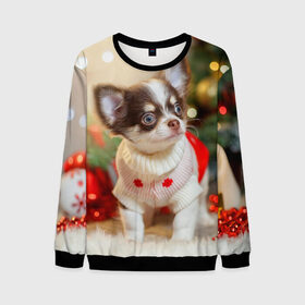Мужской свитшот 3D с принтом Новогодний Щеночек в Ухте, 100% полиэстер с мягким внутренним слоем | круглый вырез горловины, мягкая резинка на манжетах и поясе, свободная посадка по фигуре | Тематика изображения на принте: 