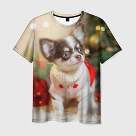 Мужская футболка 3D с принтом Новогодний Щеночек в Ухте, 100% полиэфир | прямой крой, круглый вырез горловины, длина до линии бедер | 