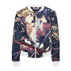 Женский бомбер 3D с принтом Два Клинка в Ухте, 100% полиэстер | застегивается на молнию, по бокам два кармана без застежек, мягкие манжеты, по низу бомбера и на воротнике — эластичная резинка | Тематика изображения на принте: anime | demon slayer | kimetsu no yaiba | агацума | аниме | бесконечный поезд | зеницу | иноске | иноске хашибира | клинок | клинок рассекающий демонов | манга | недзуко | незука | незуко | нэзуко