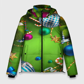 Мужская зимняя куртка 3D с принтом Новогодние игрушки! в Ухте, верх — 100% полиэстер; подкладка — 100% полиэстер; утеплитель — 100% полиэстер | длина ниже бедра, свободный силуэт Оверсайз. Есть воротник-стойка, отстегивающийся капюшон и ветрозащитная планка. 

Боковые карманы с листочкой на кнопках и внутренний карман на молнии. | Тематика изображения на принте: 