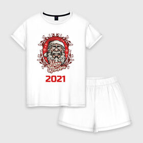 Женская пижама с шортиками хлопок с принтом 2021 в Ухте, 100% хлопок | футболка прямого кроя, шорты свободные с широкой мягкой резинкой | арт | графика | дед мороз | новый год | рождество | санта