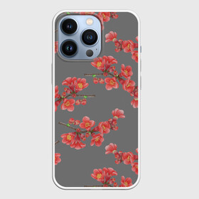 Чехол для iPhone 13 Pro с принтом Цветы айвы на сером фоне в Ухте,  |  | айва | весна | красный | лето | паттерн | подарок | природа | растения | романтика | серый | узор | цветы