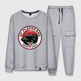 Мужской костюм хлопок с принтом hot rod v8 в Ухте, 100% хлопок | на свитшоте круглая горловина, мягкая резинка по низу. Брюки заужены к низу, на них два вида карманов: два “обычных” по бокам и два объемных, с клапанами, расположенные ниже линии бедра. Брюки с мягкой трикотажной резинкой на поясе и по низу штанин. В поясе для дополнительного комфорта — широкие завязки | avto | custom car | muscle car | v8 | машина | скорость