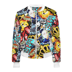 Женский бомбер 3D с принтом CS GO STICKERBOMBING в Ухте, 100% полиэстер | застегивается на молнию, по бокам два кармана без застежек, мягкие манжеты, по низу бомбера и на воротнике — эластичная резинка | cs go | cs going | кс го | кс го кейс | кс го скин | скачивать кс. | скины cs go