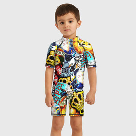 Детский купальный костюм 3D с принтом CS GO STICKERBOMBING в Ухте, Полиэстер 85%, Спандекс 15% | застежка на молнии на спине | cs go | cs going | кс го | кс го кейс | кс го скин | скачивать кс. | скины cs go