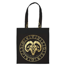 Сумка 3D повседневная с принтом Овен в Ухте, 100% полиэстер | Плотность: 200 г/м2; Размер: 34×35 см; Высота лямок: 30 см | знаки зодиака | золотой рисунок | овен | черный фон