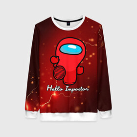 Женский свитшот 3D с принтом Hello Impostor в Ухте, 100% полиэстер с мягким внутренним слоем | круглый вырез горловины, мягкая резинка на манжетах и поясе, свободная посадка по фигуре | among us | hello | hello impostor | impostor | there is impostor among us | амонг ус | игра | мем | предатель | предатель среди нас | самозванец | среди нас