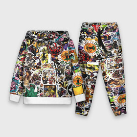 Детский костюм 3D (с толстовкой) с принтом JoJo’s Sticker Bombing в Ухте,  |  | Тематика изображения на принте: anime | jojo’s bizarre adventure | sticker bombing | аниме | джо джо | жо жо | манга | мультфильм | невероятные приключения джоджо | персонаж | стикер бомбинг
