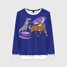 Женский свитшот 3D с принтом Крыса и бык в Ухте, 100% полиэстер с мягким внутренним слоем | круглый вырез горловины, мягкая резинка на манжетах и поясе, свободная посадка по фигуре | 2020 | 2021 | бык | вирус | коррида | крыса | мулета | новы год | подиум | противостояние | сильный | символы | хвост | хитрый