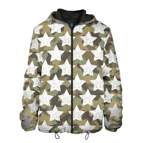 Мужская куртка 3D Звездный Камуфляж: в Ухте, ткань верха — 100% полиэстер, подклад — флис | прямой крой, подол и капюшон оформлены резинкой с фиксаторами, два кармана без застежек по бокам, один большой потайной карман на груди. Карман на груди застегивается на липучку | геометрия | звезда | пятна | текстура | узор | фигура | хаки