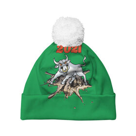 Шапка 3D c помпоном с принтом Белый бык - 2021 в Ухте, 100% полиэстер | универсальный размер, печать по всей поверхности изделия | 