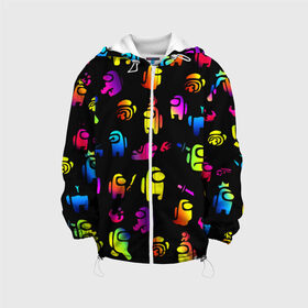 Детская куртка 3D с принтом AMONG US в Ухте, 100% полиэстер | застежка — молния, подол и капюшон оформлены резинкой с фиксаторами, по бокам — два кармана без застежек, один потайной карман на груди, плотность верхнего слоя — 90 г/м2; плотность флисового подклада — 260 г/м2 | among us игра | among us на пк | there is 1 impostor | there is impostor among us | предатель среди нас | разноцветные космонавты.