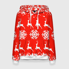 Женская толстовка 3D с принтом New Year в Ухте, 100% полиэстер  | двухслойный капюшон со шнурком для регулировки, мягкие манжеты на рукавах и по низу толстовки, спереди карман-кенгуру с мягким внутренним слоем. | christmas toys | deer | new year | red | snow | snowflakes | tree | елка | красный | новогодние игрушки | новый год | олени | свитер с оленями | снег | снежинки | футболка с оленями