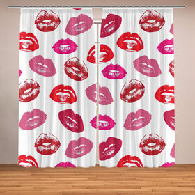 Фотошторы Губы: в Ухте, Блэкаут (светозащита 90%) / Габардин (светозащита 40% | 2 полотна шириной по 145 см; Высота 200-300 см; Крепление: шторная лента (на крючки); | арт | бардовый | губы | косметика | красный | помада | поцелуи | поцелуй | рисунок | розовый