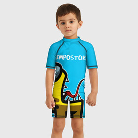 Детский купальный костюм 3D с принтом IMPOSTOR в Ухте, Полиэстер 85%, Спандекс 15% | застежка на молнии на спине | impostor | амонг ас | амунг ас | игра | импостер | клыки | космонавт | монстр | пасть | персонаж | самозванец | чудовище
