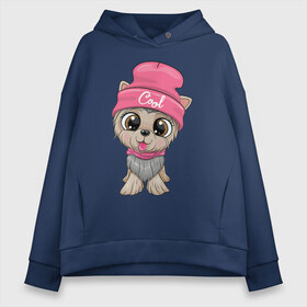 Женское худи Oversize хлопок с принтом Милая собачка в зимней шапке в Ухте, френч-терри — 70% хлопок, 30% полиэстер. Мягкий теплый начес внутри —100% хлопок | боковые карманы, эластичные манжеты и нижняя кромка, капюшон на магнитной кнопке | 