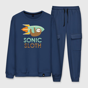 Мужской костюм хлопок с принтом Sonic Sloth в Ухте, 100% хлопок | на свитшоте круглая горловина, мягкая резинка по низу. Брюки заужены к низу, на них два вида карманов: два “обычных” по бокам и два объемных, с клапанами, расположенные ниже линии бедра. Брюки с мягкой трикотажной резинкой на поясе и по низу штанин. В поясе для дополнительного комфорта — широкие завязки | sloth | sonic sloth | быстрый ленивец | звуковой ленивец | ленивец | ленивец летит на ракете | ленивец на ракете | ракета | сверхзвуковой ленивец
