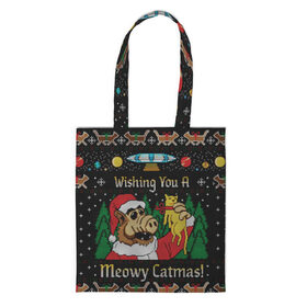 Сумка 3D повседневная с принтом Wishing you a meowy catmas в Ухте, 100% полиэстер | Плотность: 200 г/м2; Размер: 34×35 см; Высота лямок: 30 см | 2020 | 2021 | christmas | happy | merry | new year | santa | sweater | ugly christmas | альф | зима | котик | новогодний | новогодняя | новый год | рождественский | рождественский свитер | рождество | санта | свитер | снег