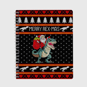 Тетрадь с принтом Merry Rex-mas в Ухте, 100% бумага | 48 листов, плотность листов — 60 г/м2, плотность картонной обложки — 250 г/м2. Листы скреплены сбоку удобной пружинной спиралью. Уголки страниц и обложки скругленные. Цвет линий — светло-серый
 | 2020 | 2021 | christmas | dino | happy | merry | new year | rex | santa | sweater | t rex | ugly christmas | динозавр | зима | новогодний | новогодняя | новый год | рождественский | рождественский свитер | рождество | санта | свитер | снег