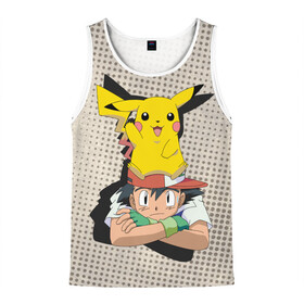 Мужская майка 3D с принтом Эш и Пикачу в Ухте, 100% полиэстер | круглая горловина, приталенный силуэт, длина до линии бедра. Пройма и горловина окантованы тонкой бейкой | Тематика изображения на принте: аниме | друзья | желтый зверек | пикачу | покемон | эш кетчум