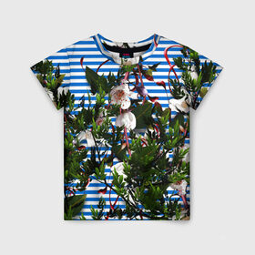 Детская футболка 3D с принтом цветы в Ухте, 100% гипоаллергенный полиэфир | прямой крой, круглый вырез горловины, длина до линии бедер, чуть спущенное плечо, ткань немного тянется | девушкам | листочки | полоса | природа | цветы