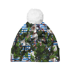 Шапка 3D c помпоном с принтом цветы в Ухте, 100% полиэстер | универсальный размер, печать по всей поверхности изделия | Тематика изображения на принте: девушкам | листочки | полоса | природа | цветы