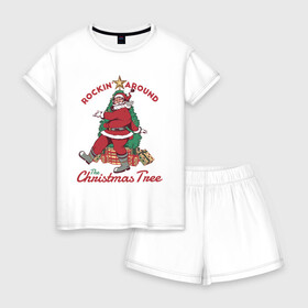 Женская пижама с шортиками хлопок с принтом Rockin Santa в Ухте, 100% хлопок | футболка прямого кроя, шорты свободные с широкой мягкой резинкой | art | christmas | gifts | holiday | new year | santa | santa claus | star | tree | арт | елка | звезда | новый год | подарки | праздник | рождество | санта | санта клаус