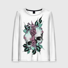 Женский лонгслив 3D с принтом Череп с японскими цветами в Ухте, 100% полиэстер | длинные рукава, круглый вырез горловины, полуприлегающий силуэт | flowers | japan | jdm | skull and flowers | рок | рок мерч | с черепом | цветок с черепом | череп | череп и цветы | япония | японское